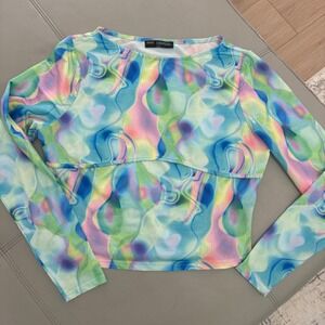 J2 Finesse Womens XL Psychedelic Swirl Print Long Sleeve Crop Multi Color Y2K